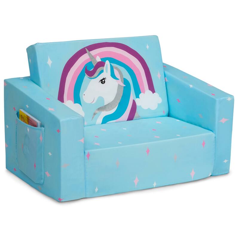 Delta Children Cozee Flip-Out Chair - 2-in-1 Convertible Chair to Lounger for Kids - Blue Unicorn