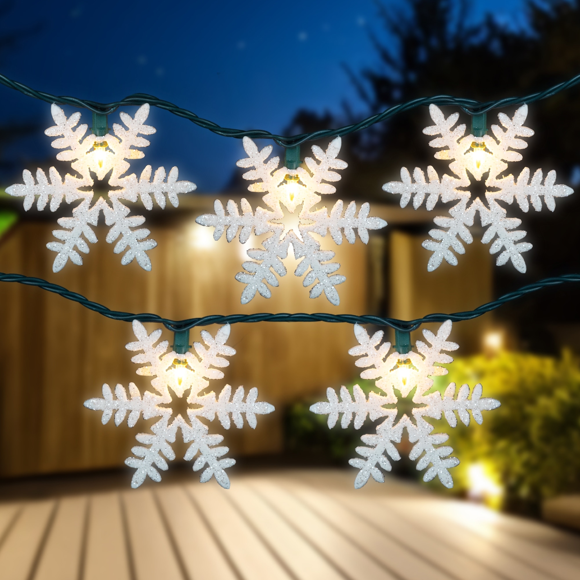White Glittered Snowflakes Christmas Lights Clear 6' Green Wire 10ct