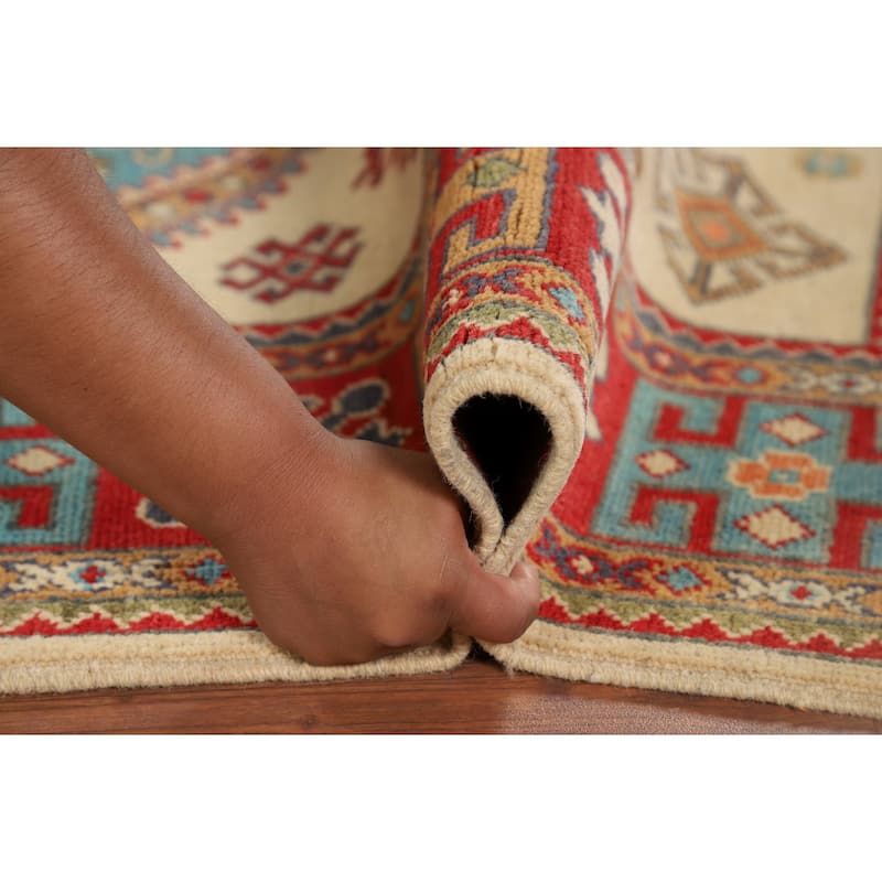 Geometric Kazak Oriental Rug Dining Room Hand-Knotted Wool Carpet - 4'1" x 6'0"