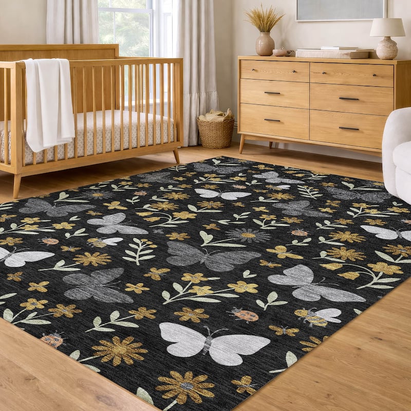 Machine Washable Indoor/ Outdoor Whimsy Butterfly Chantille Rug