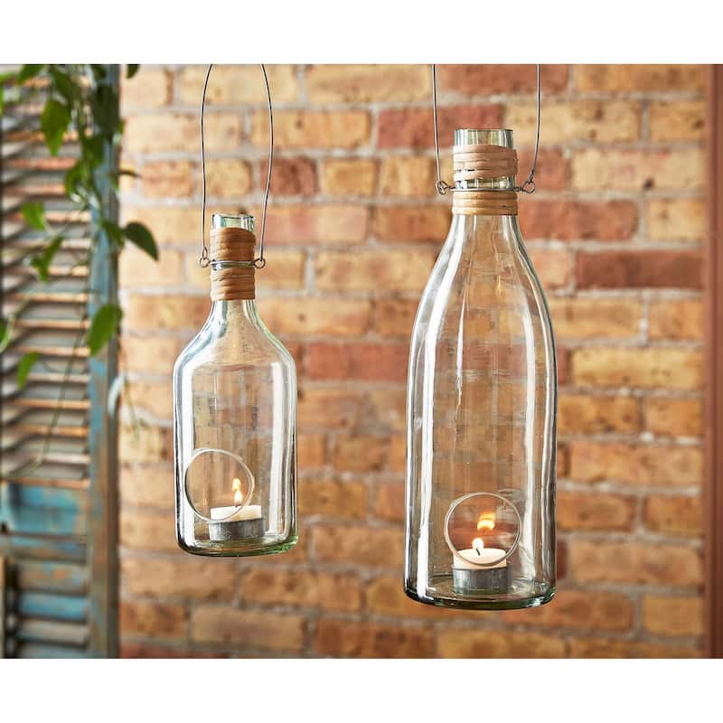 Recycled Blown Glass Bottle Shaped Lantern Tealight Candle Holder Large, 4.5L x 4.5W x 13.5H inches, Decorative Use Only
