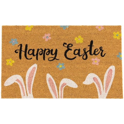 Natural Coir Happy Easter Bunny Ears Outdoor Doormat 18" x 30" - 18" x 30"