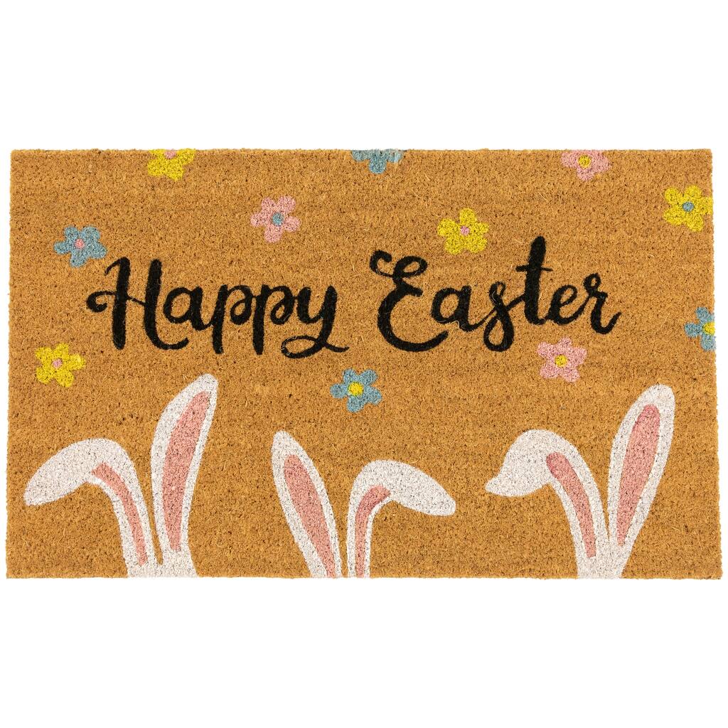 Natural Coir Happy Easter Bunny Ears Outdoor Doormat 18" x 30" - 18" x 30"
