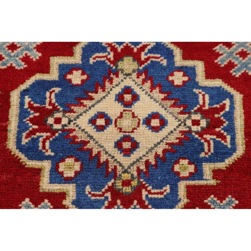 Red Geometric Kazak Oriental Accent Rug Handmade Foyer Wool Carpet - 2'8" x 3'9"
