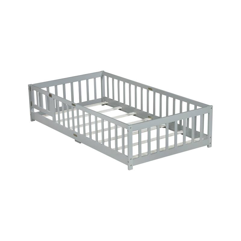 Floor Bed with Fence,Door and Safety Guardrails,Perfect for Kids' Play,Sleep and Development