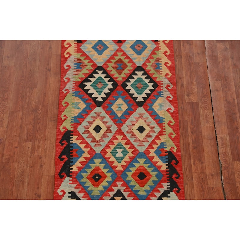 Hand Woven Oriental 100% Wool Carpet Southwestern All-Over Oranges & Rust Kilim Runner Rug - 13' 1'' X 2' 6''