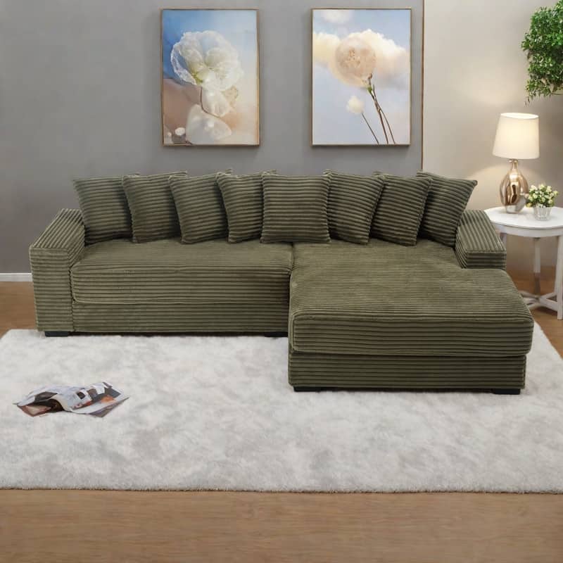 111" Corduroy L-Shape Sectional Sofa with Right Chaise, 8 Throw Pillows and Square Armrests