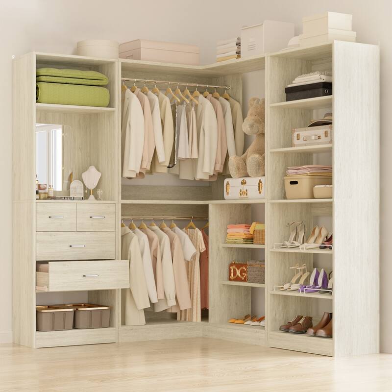 Cimly Set of 3 Corner Closet System with Drawers and Mirror, Multi-functional Closet Organizer with Shoe Racks