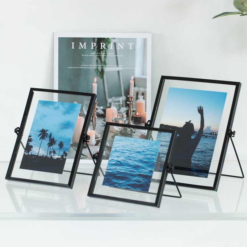 Modern Metal Floating Tabletop Photo Picture Frame with Glass Cover and Easel Stand