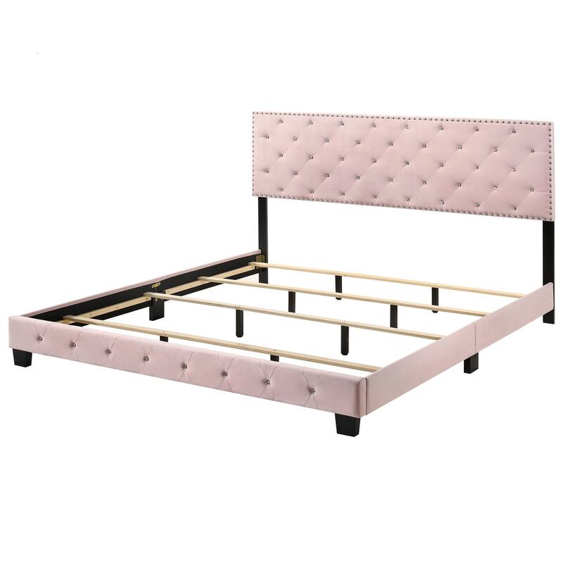 Velvet Tufted Upholstered King Panel Bed - 83" - Pink