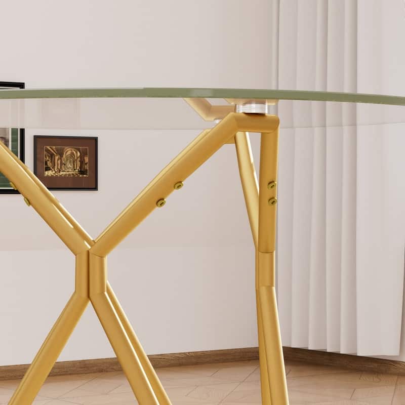 Gold Modern Tempered Glass Dining Table with Metal Legs for Kitchen, Living Room