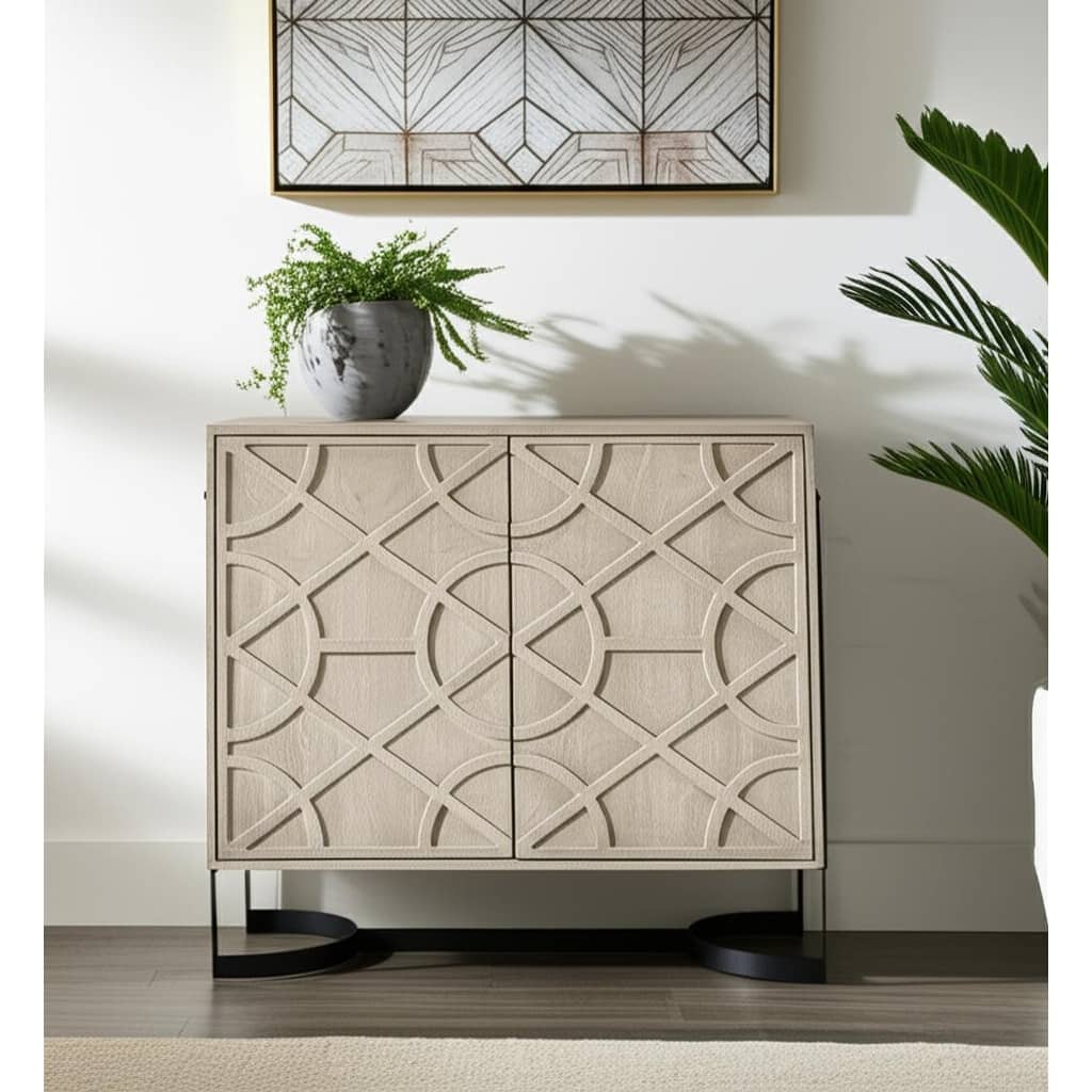 HomeRoots 37" Brown and Black Solid Wood and Metal Carved Geometric Accent Cabinet With Two Doors