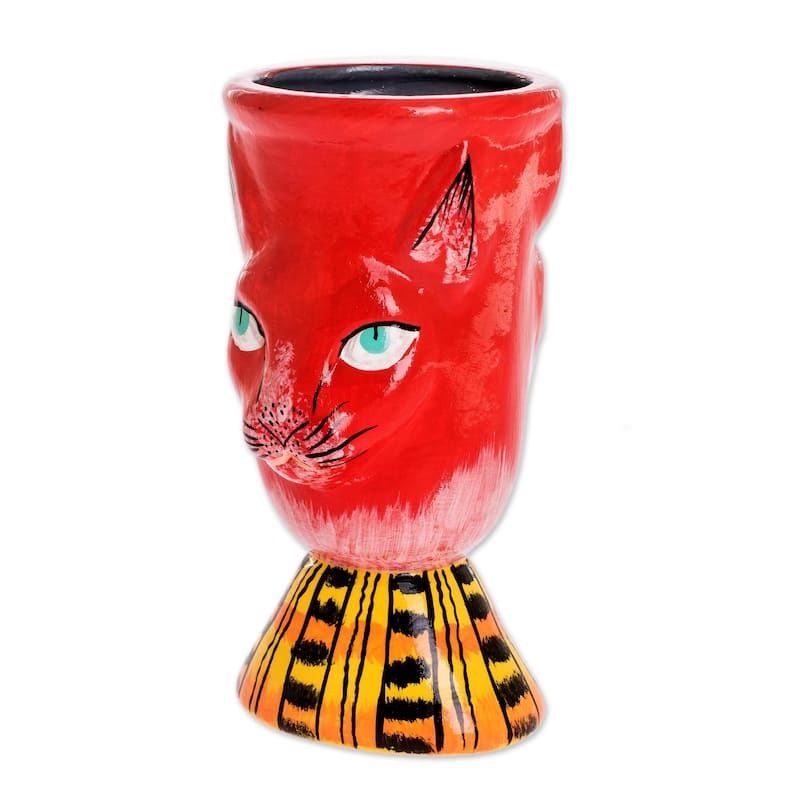 Novica Handmade Top Cat In Red Ceramic Flower Pot
