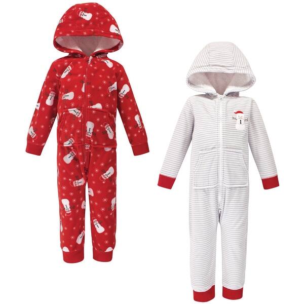 slide 1 of 1, Hudson Baby Toddler Fleece Jumpsuits, Coveralls, and Playsuits 2pk, Santa Snowman 2T - Grey/Red