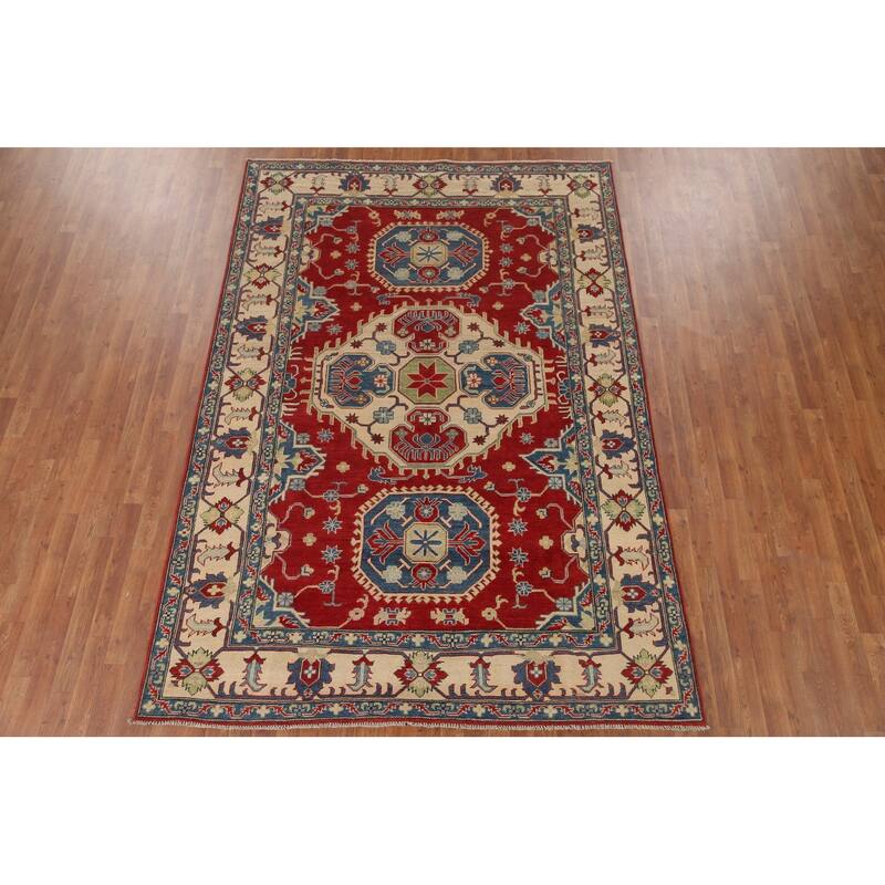 Hand Knotted Oriental 100% Wool Carpet Traditional Geometric Red Kazak Area Rug - 9' 7'' X 6' 7''