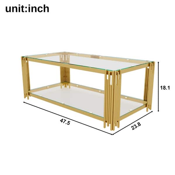 dimension image slide 1 of 2, Rectangular Gold & Glass Coffee Table with 2-Tier Shelf by Harper&Bright Designs