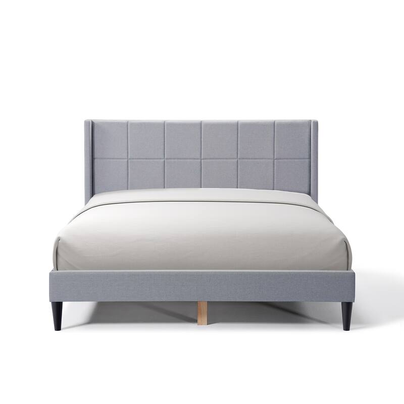 Queen Bed Frame with Wingback/Linen Upholstered Platform Bed with Square Stitched Headboard/Wood Slats Support/Solid Wood Legs