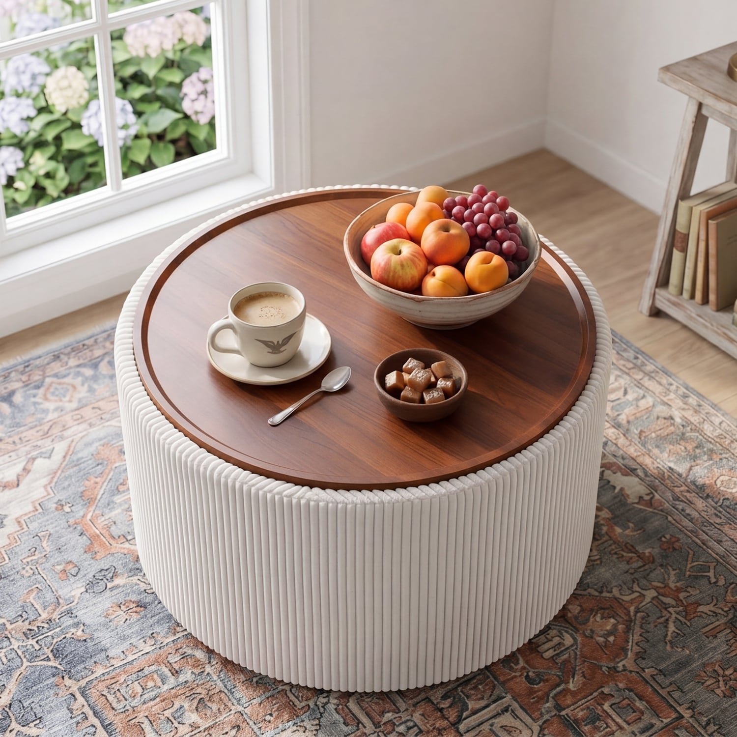 Adeco 28" Round Storage Ottoman Coffee Table with Removable Wood Lid