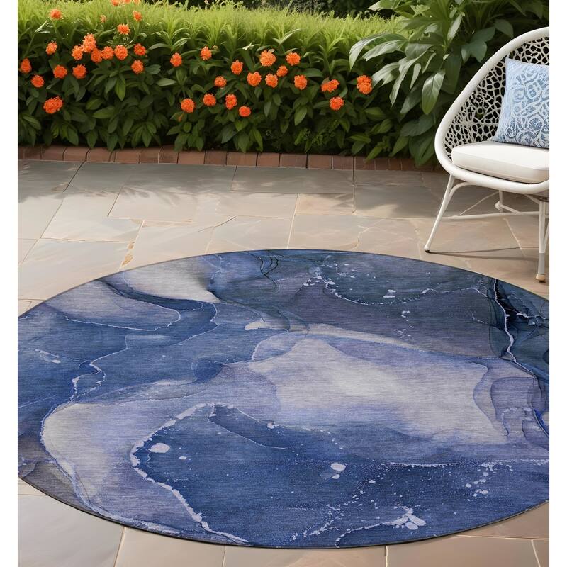 Dava Modern Art-Inspired Weather Resistant Versatile Elegance Outdoor Rug - 8' Round - Blue