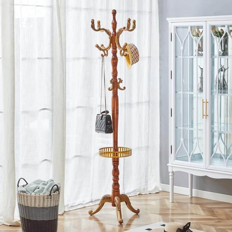 Modern Crabapple Wood Coat Rack with Key Tray & Stainless Steel Base