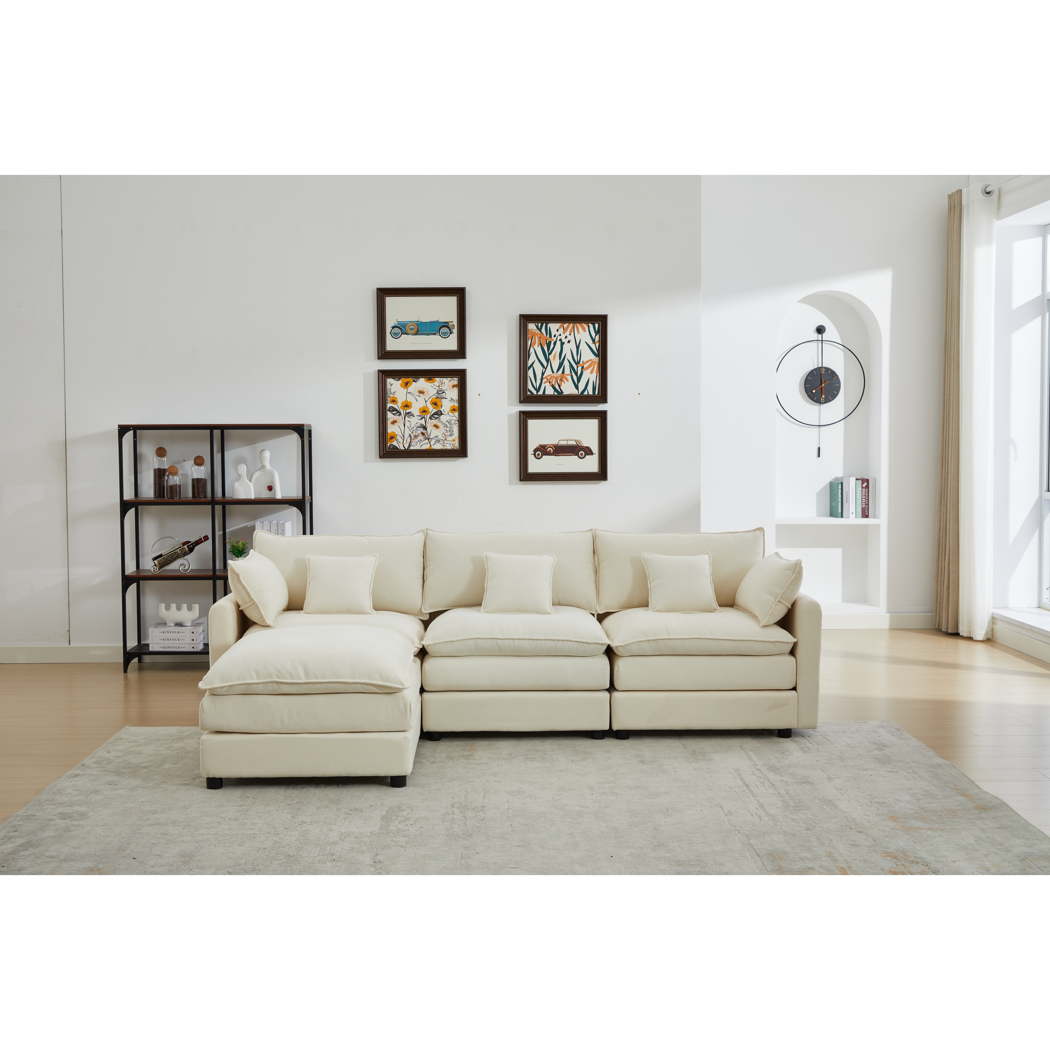 L-Shaped Modular Sectional Sofa with Removable Ottoman, Chenille Upholstered 3-Seater Sofa, Deep Seat Sofa with Pillows