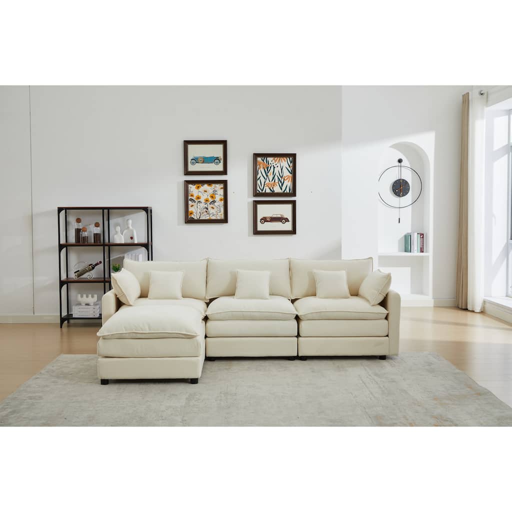 L-Shaped Modular Sectional Sofa with Removable Ottoman, Chenille Upholstered 3-Seater Sofa, Deep Seat Sofa with Pillows