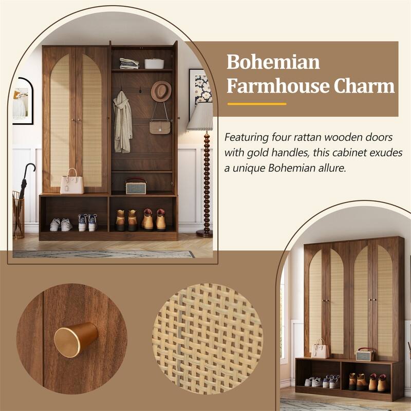 Farmhouse Hall Tree with 4 Rattan Doors, Versatile 4-In-1 Seating Bench with 6 Hooks, Entryway Shoe Cabinet w/ Adjustable Shelf