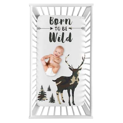 Woodland Camo Deer Collection Boy Photo Op Fitted Crib Sheet - Beige, Green and Black Rustic Forest Animal Camoflauge