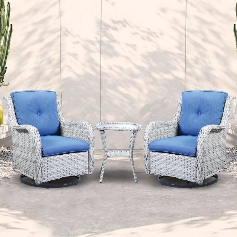 Outdoor Swivel Rocker Patio Chairs with Table Set of 2 - Light Grey - Blue