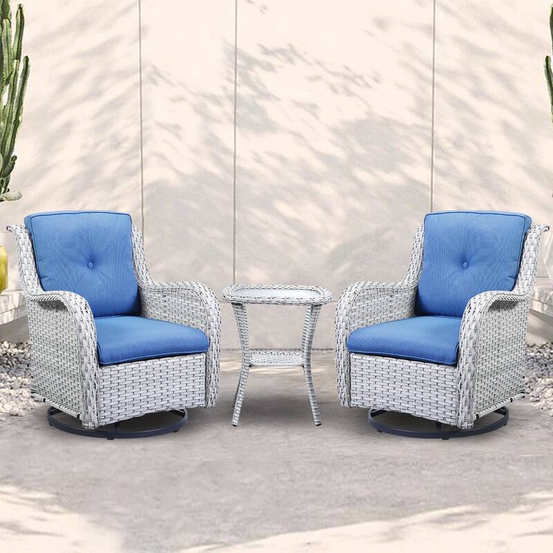 Outdoor Swivel Rocker Wicker Patio Chairs Set of 3 - Mix White - Blue