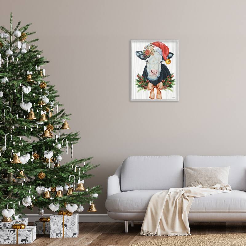 Stupell Festive Cow in Christmas Hat Framed Giclee Art Design By Ashley Justice