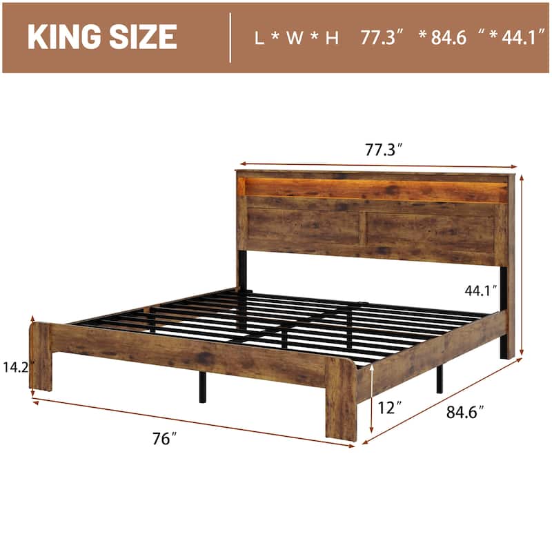 King Size Wood Platform Bed Frame with Storage, LED Headboard, USB Ports, Noise Free, Easy Assembly, Dark Brown