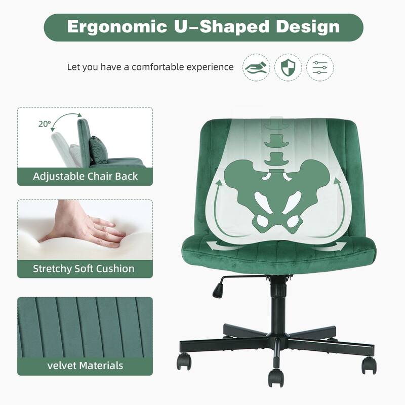 Velvet Criss Cross Armless Office Chair with Wheels - Versatile for Home Office, Meditation & Makeup