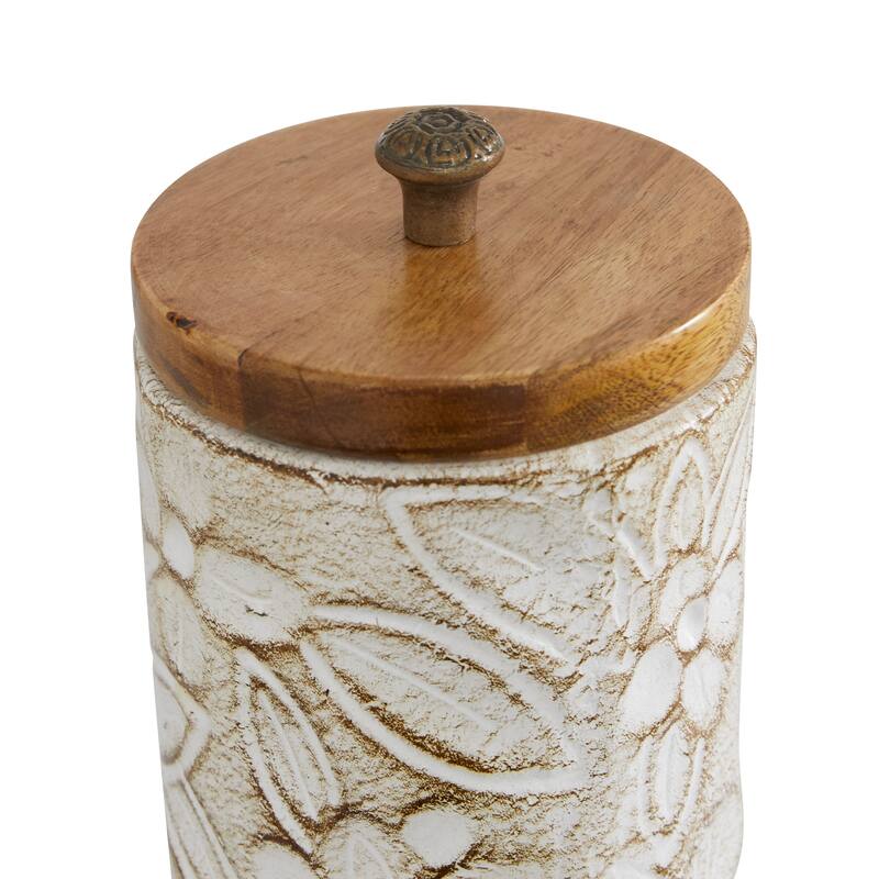 White Ceramic Handmade Intricately Carved Living Room Decorative Jars with Wood Lids (Set of 2)