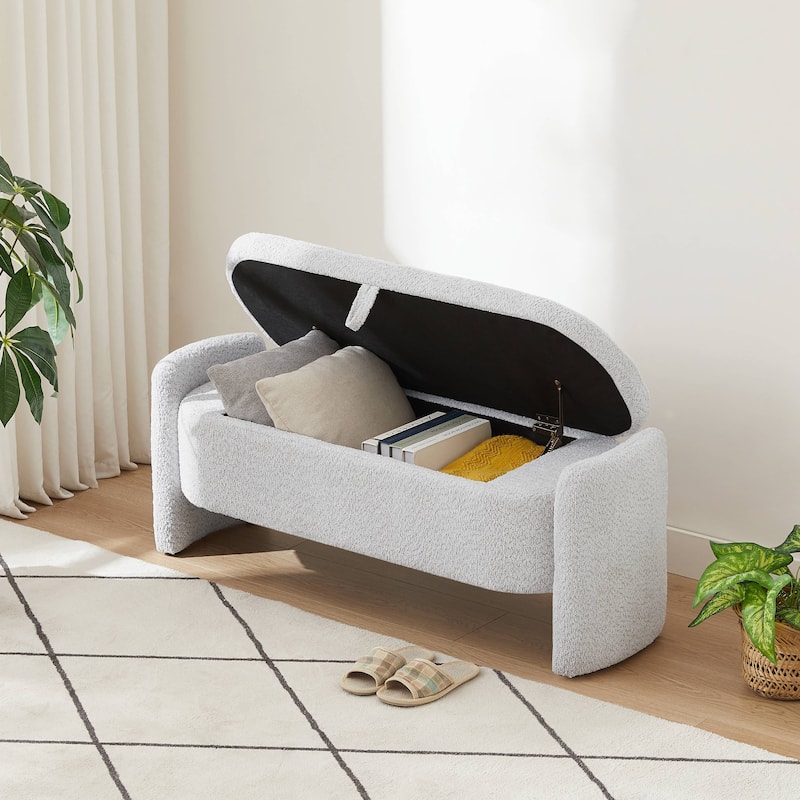47in. Large Upholstered Storage Ottoman Oval Storage Bench 3D Lamb Fleece Fabric Bench