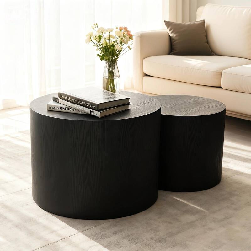 Nesting Coffee Table Set of 2, Modern Round Wooden Side Tables with Non-Slip Feet, Space-Saving Living Room Accent Tables