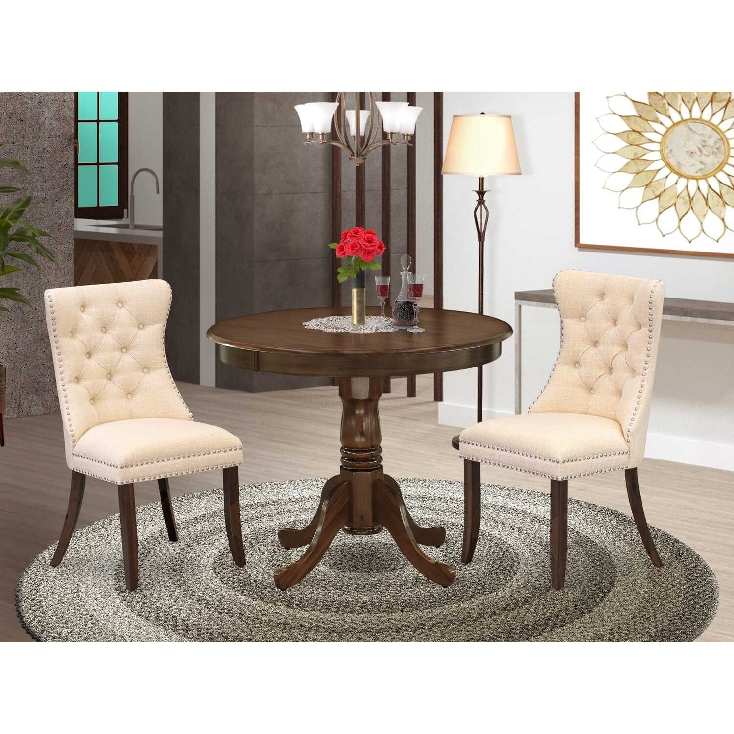 3-Piece Antique Walnut Finish Solid Wood Top - Round Dining Room Set - (Seats-4)