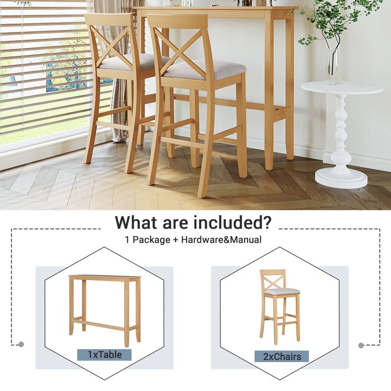 3-Piece Breakfast Nook, Wood Bar Height Dining Table Set, Kitchen Table Set with Bar Table and Cushioned Stools