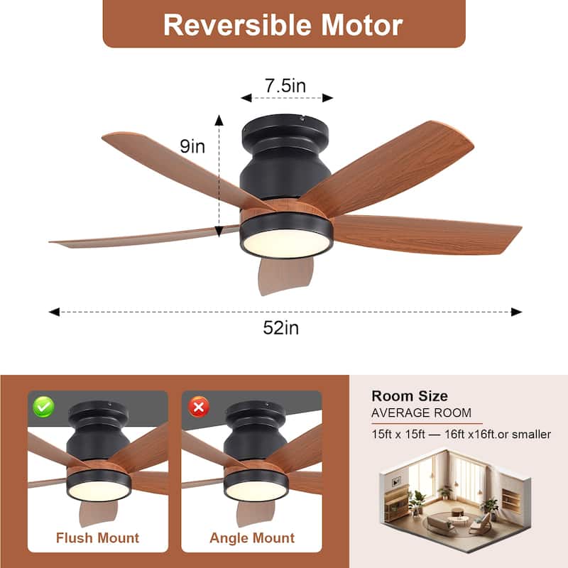 Sofucor 42 Inch Low Profile Flush Mount Ceiling Fan with Light, Remote Control, 5 ABS Blades,Reversible Quiet DC Motor