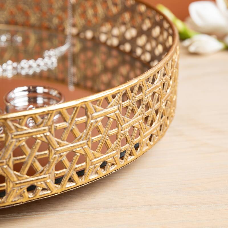 Glitzhome Set of 2 Modern Gold Floral Pattern Mirrored Decorative Trays with Handles
