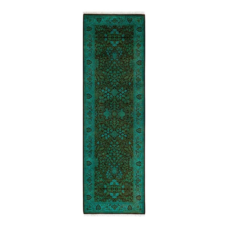 Overton Hand Knotted Wool Vintage Inspired Modern Contemporary Overdyed Green Runner Rug - 2' 7" x 8' 7"
