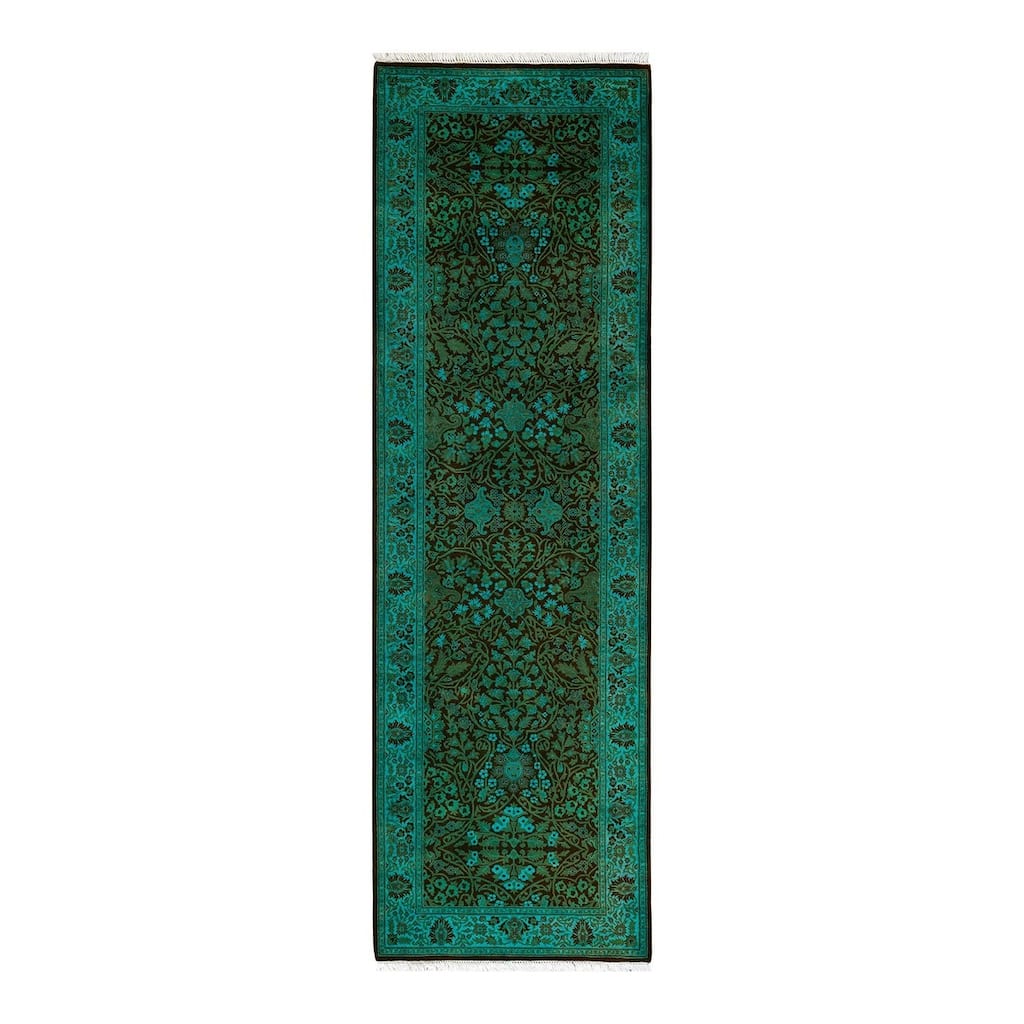 Overton Hand Knotted Wool Vintage Inspired Modern Contemporary Overdyed Green Runner Rug - 2' 7" x 8' 7"
