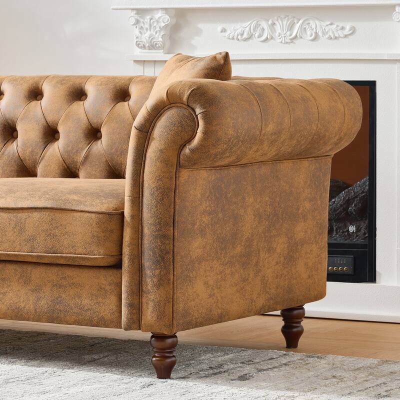 Roomfitters 80" + 63" Classic Chesterfield Upholstered Sofa and Loveseat Set, Button Back Scrolled Arm Couch, Brown