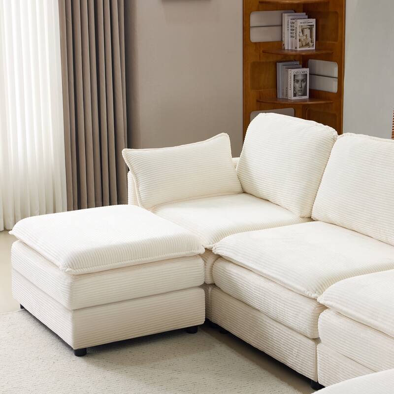 U-Shaped Modular Sectional Sofa with 2 Ottomans, Oversized Corduroy Upholstered Cloud Sofa, 4-Seater Sofa with 2 Throw Pillows