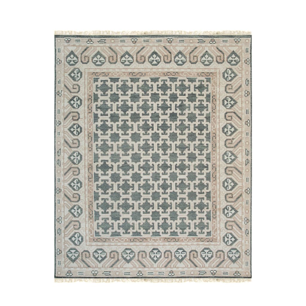 Green Hand Knotted Wool Traditional Kotan Rug, 8' x 10', soft stylish floor rug - L