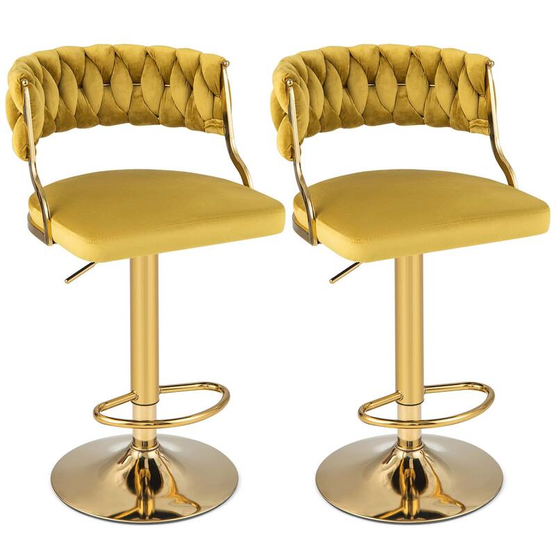 2 pcs Swivel Velvet Bar Stools Upholstered Adjustable Grey/Beige/Yellow