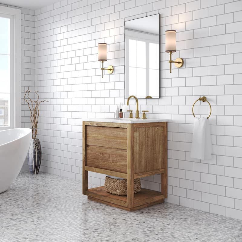 Oakman Mango Wood Carrara White Marble Countertop Bath Vanity with Faucet