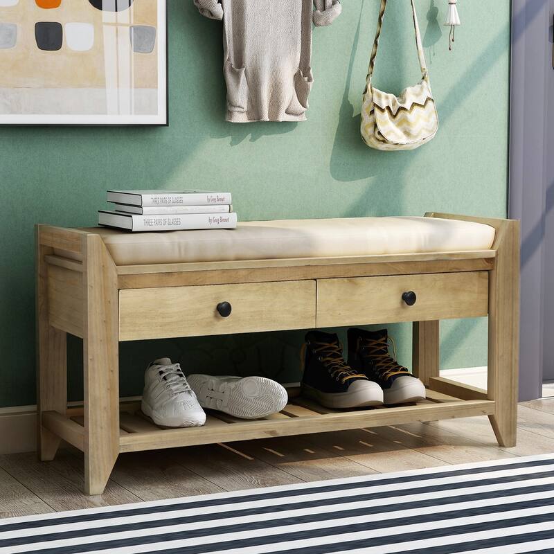 Shoe Rack with Cushioned Seat and Drawers - Old Pine