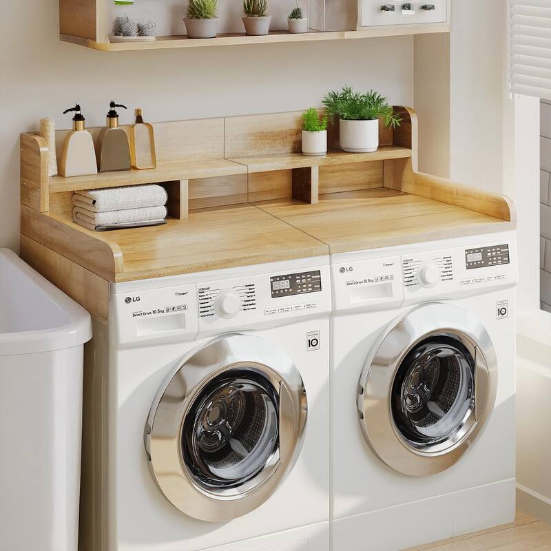 Washer Dryer Countertop, Laundry Wood Shelf Topper with Edge, 54" Width x 27.5" Depth Double Layer Organizer - Natural Wood