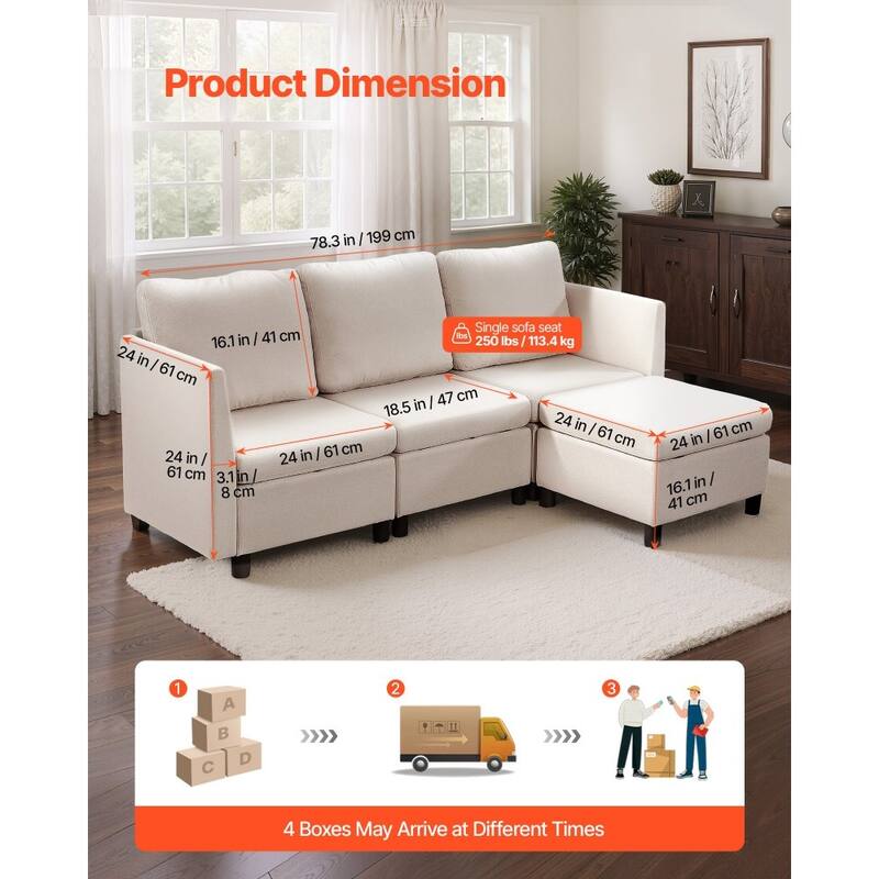 Beige Cotton-Linen Modular Sectional Sofa with Storage, Plush Cushions anda Kid-Friendly Design - 78.3 x 24 x 24 in